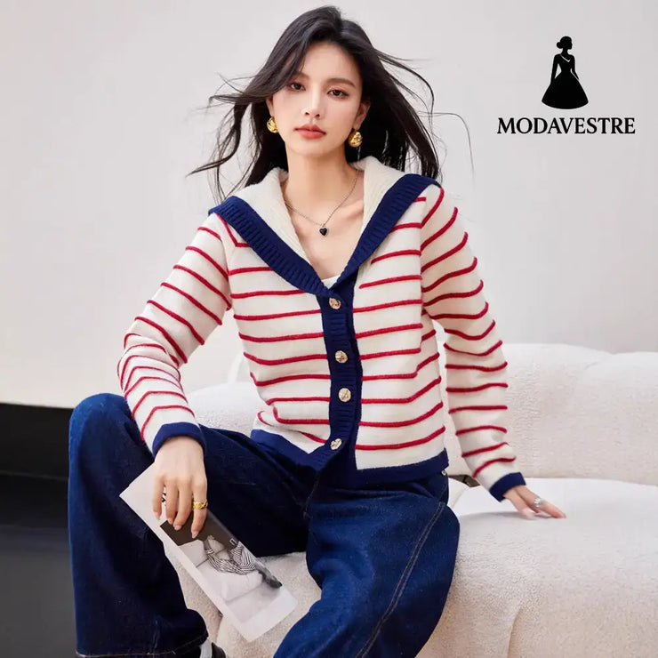 Navy Style Striped Knit Cardigan with Large Turn-Down Collar for Women Long Sleeve Sweater Top