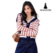 Navy Style Striped Knit Cardigan with Large Turn-Down Collar for Women Long Sleeve Sweater Top