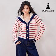 Navy Style Striped Knit Cardigan with Large Turn-Down Collar for Women Long Sleeve Sweater Top