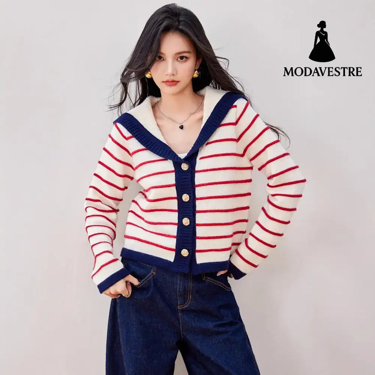 Navy Style Striped Knit Cardigan with Large Turn-Down Collar for Women Long Sleeve Sweater Top