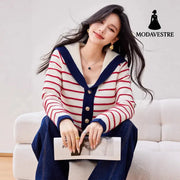 Navy Style Striped Knit Cardigan with Large Turn-Down Collar for Women Long Sleeve Sweater Top Red Stripe / S