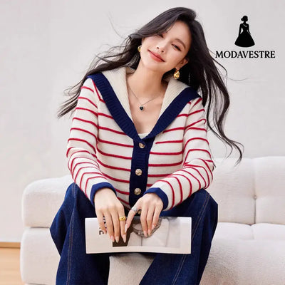 Navy Style Striped Knit Cardigan with Large Turn-Down Collar for Women Long Sleeve Sweater Top Red Stripe / S