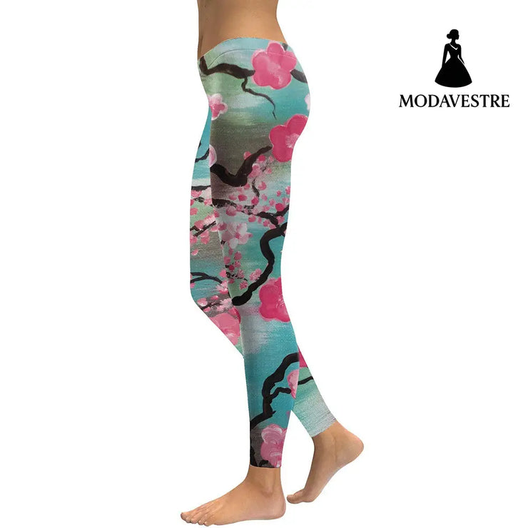 New Arrival  Leggings Women Pink Plum Blossom Digital Print Fitness Leggins Plus Size Elastic Workout Pants Legging - MODAVESTRE