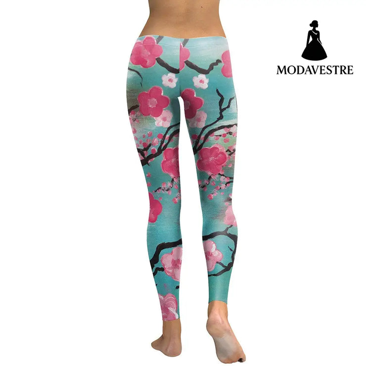 New Arrival  Leggings Women Pink Plum Blossom Digital Print Fitness Leggins Plus Size Elastic Workout Pants Legging - MODAVESTRE