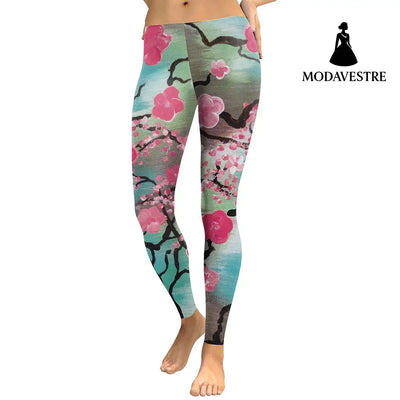 New Arrival  Leggings Women Pink Plum Blossom Digital Print Fitness Leggins Plus Size Elastic Workout Pants Legging - MODAVESTRE