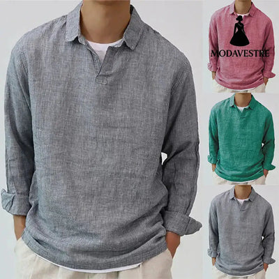 New Fashion Men’s Pullover Shirt Solid Color Long Sleeve Lapel Oversize Casual Top Tee 2023 Summer Clothing For Men