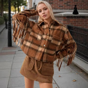New French Style Retro Plaid Slit Opening Tassel Coat Coat