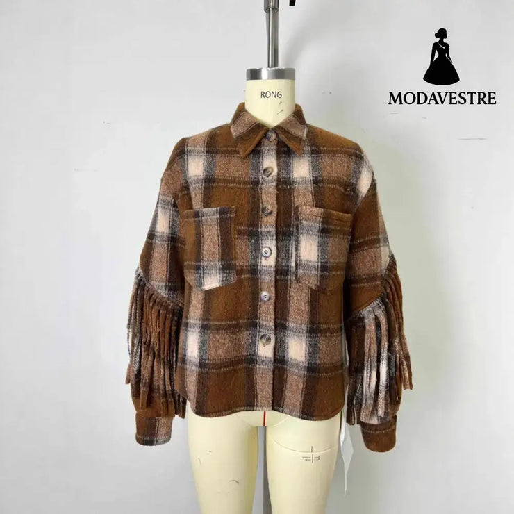 New French Style Retro Plaid Slit Opening Tassel Coat Coat