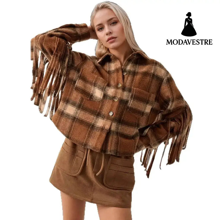 New French Style Retro Plaid Slit Opening Tassel Coat Coat