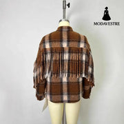 New French Style Retro Plaid Slit Opening Tassel Coat Coat