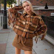 New French Style Retro Plaid Slit Opening Tassel Coat Khaki / L Coat