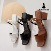 new summer dark brown leather Korean one line sandals women’s thick heel middle heel simple Roman Shoes Size 40