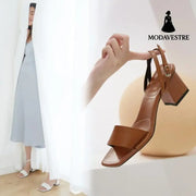 new summer dark brown leather Korean one line sandals women’s thick heel middle heel simple Roman Shoes Size 40