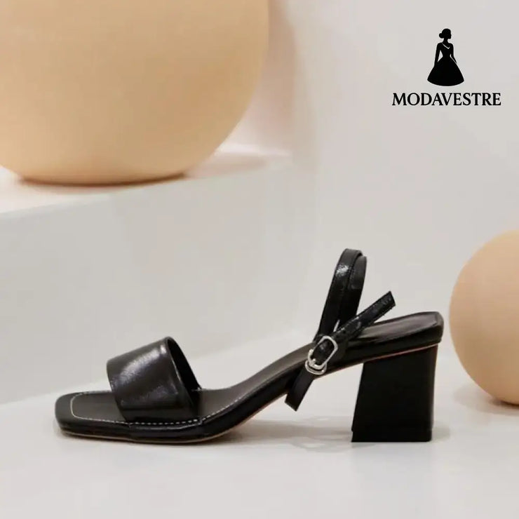 new summer dark brown leather Korean one line sandals women’s thick heel middle heel simple Roman Shoes Size 40 Black