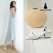 new summer dark brown leather Korean one line sandals women’s thick heel middle heel simple Roman Shoes Size 40 White