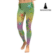 New Summer Mermaid Ocean Women Leggings Starfish Fish Scales Digital Print Leggins Green And Pink Workout Pants - MODAVESTRE