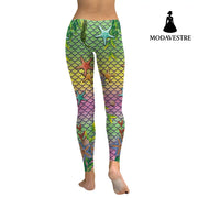 New Summer Mermaid Ocean Women Leggings Starfish Fish Scales Digital Print Leggins Green And Pink Workout Pants - MODAVESTRE