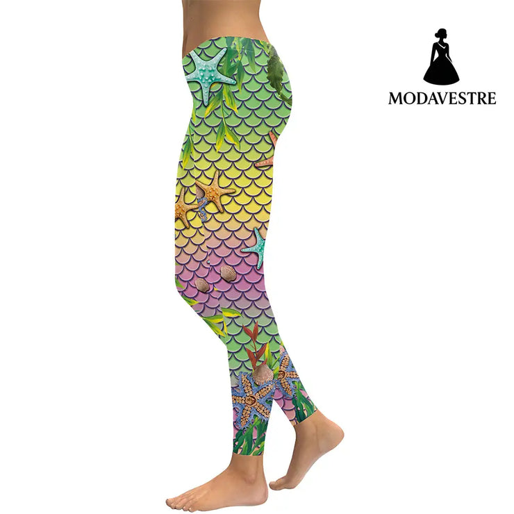 New Summer Mermaid Ocean Women Leggings Starfish Fish Scales Digital Print Leggins Green And Pink Workout Pants - MODAVESTRE