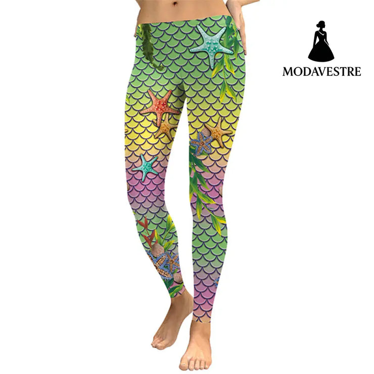 New Summer Mermaid Ocean Women Leggings Starfish Fish Scales Digital Print Leggins Green And Pink Workout Pants - MODAVESTRE