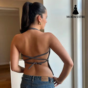 Off-neck Yoga Back Strap Halter Solid Color Top