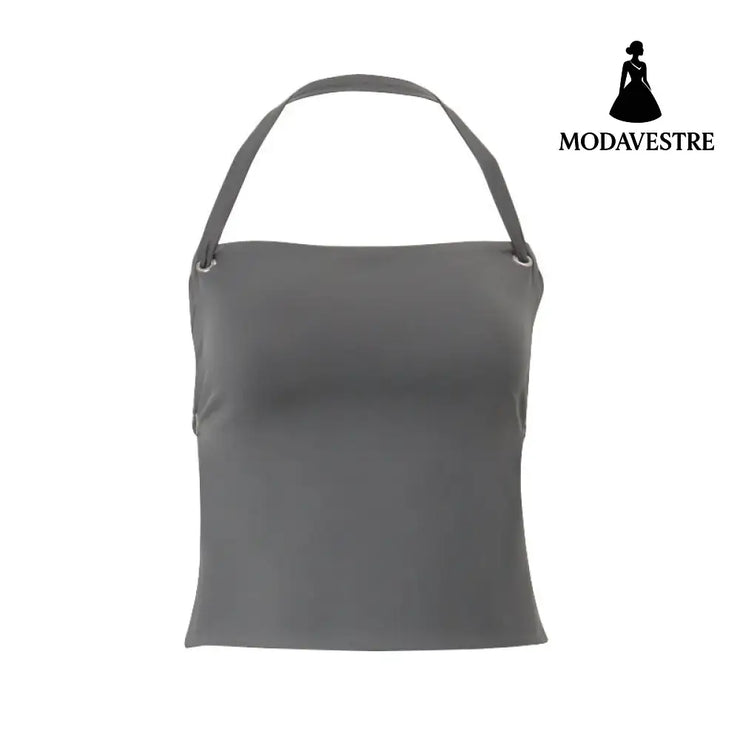 Off-neck Yoga Back Strap Halter Solid Color Top Gray European Size / L
