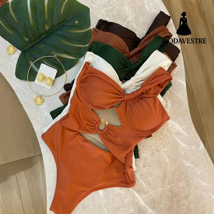 One-Shoulder Cutout Swimsuit – Brown Ring Detail One-Piece