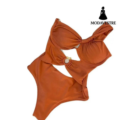 One-Shoulder Cutout Swimsuit – Brown Ring Detail One-Piece