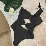 One-Shoulder Cutout Swimsuit – Brown Ring Detail One-Piece Black One-Shoulder One-Piece Swimsuit / S