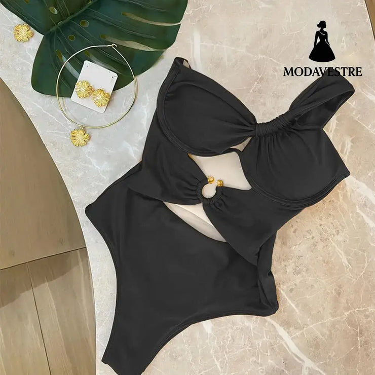 One-Shoulder Cutout Swimsuit – Brown Ring Detail One-Piece Black One-Shoulder One-Piece Swimsuit / S