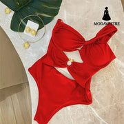One-Shoulder Cutout Swimsuit – Brown Ring Detail One-Piece Red One-Shoulder One-Piece Swimsuit / S