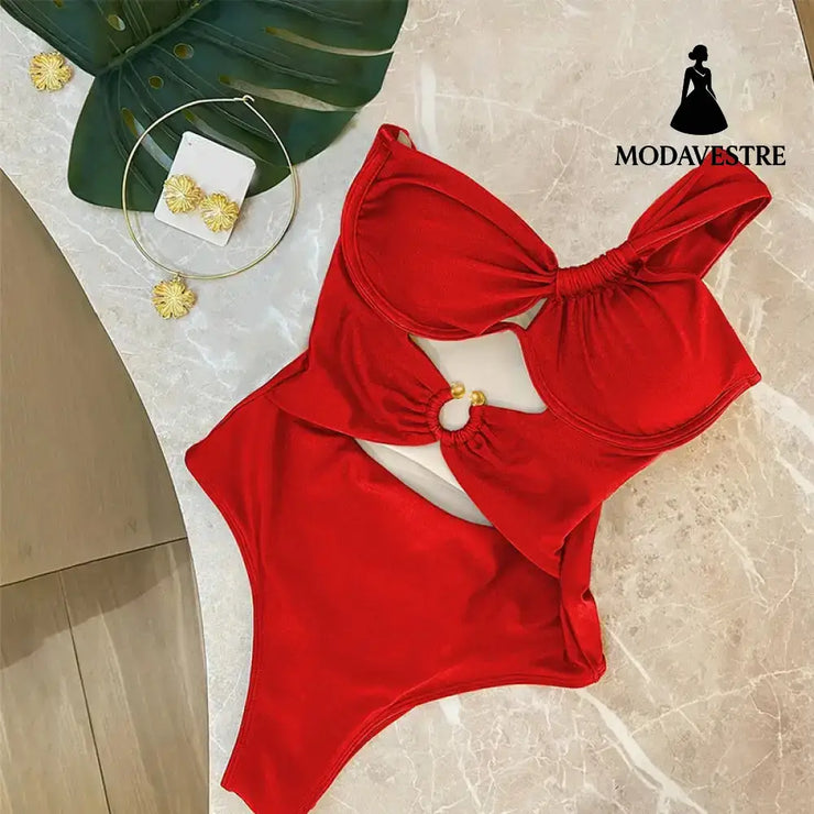 One-Shoulder Cutout Swimsuit – Brown Ring Detail One-Piece Red One-Shoulder One-Piece Swimsuit / S