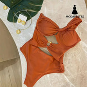 One-Shoulder Cutout Swimsuit – Brown Ring Detail One-Piece Brown One-Shoulder One-Piece Swimsuit / S