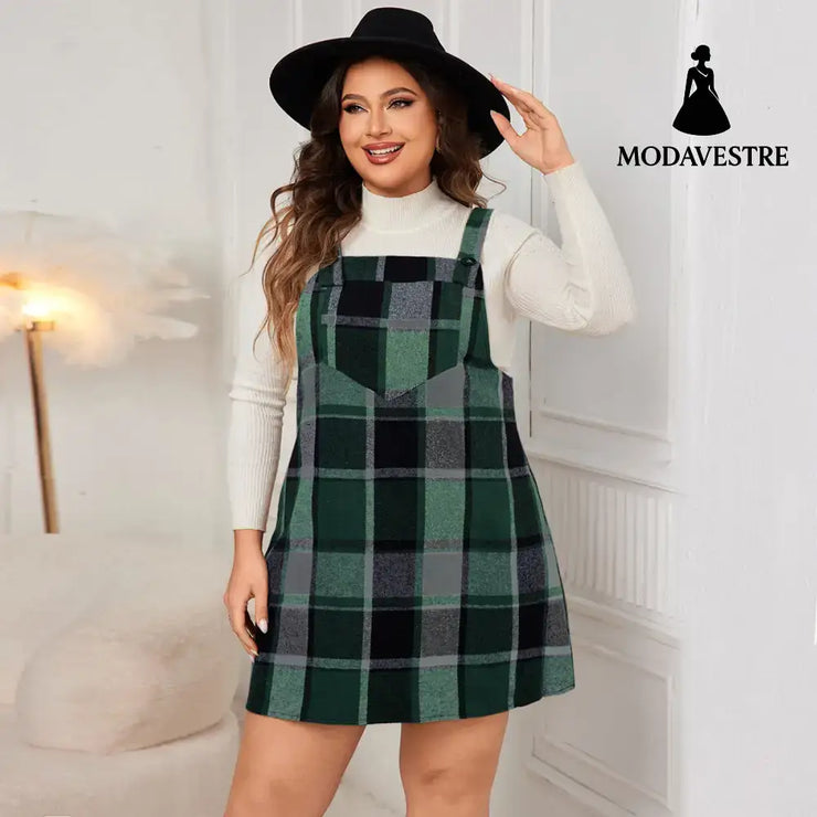 Oversized Fall Dresses For Women V Neck Plaid Sleeveless Wide Straps Casual Pockets Pinafore Mini Overall Bridesmaid