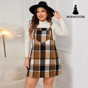 Oversized Fall Dresses For Women V Neck Plaid Sleeveless Wide Straps Casual Pockets Pinafore Mini Overall Bridesmaid