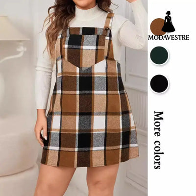 Oversized Fall Dresses For Women V Neck Plaid Sleeveless Wide Straps Casual Pockets Pinafore Mini Overall Bridesmaid