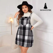 Oversized Fall Dresses For Women V Neck Plaid Sleeveless Wide Straps Casual Pockets Pinafore Mini Overall Bridesmaid