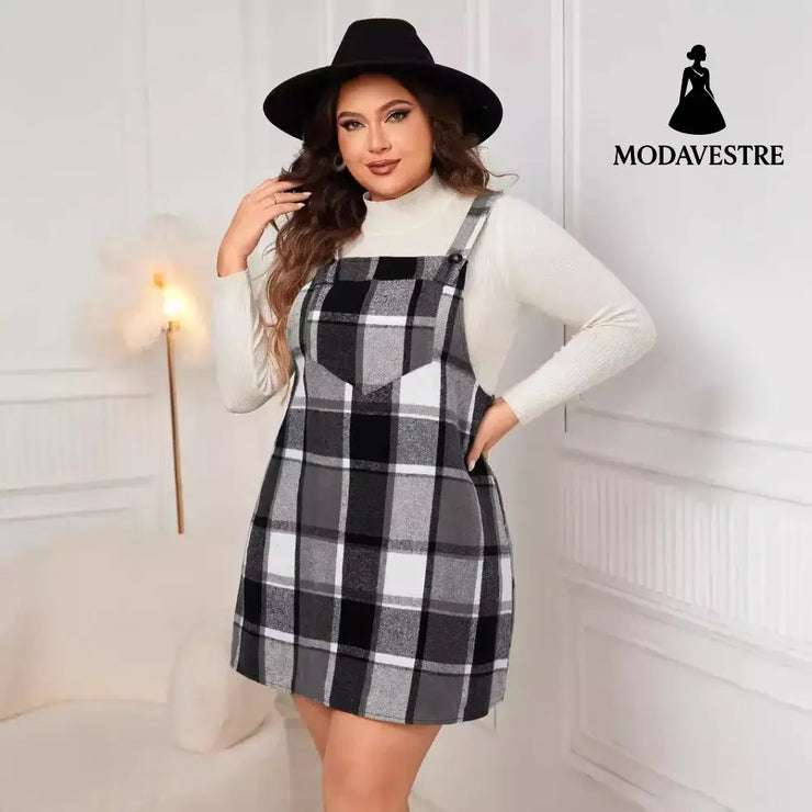 Oversized Fall Dresses For Women V Neck Plaid Sleeveless Wide Straps Casual Pockets Pinafore Mini Overall Bridesmaid