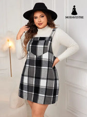 Oversized Fall Dresses For Women V Neck Plaid Sleeveless Wide Straps Casual Pockets Pinafore Mini Overall Bridesmaid