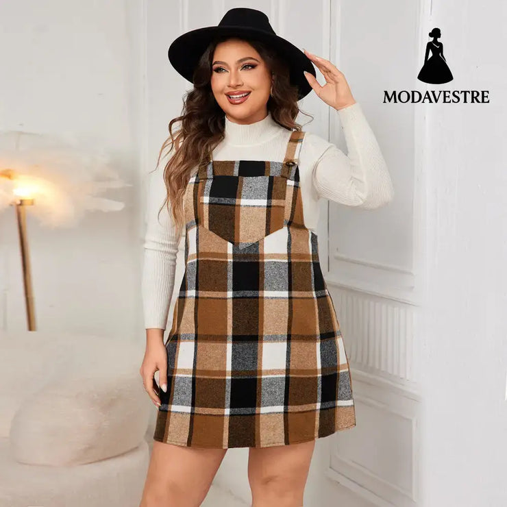 Oversized Fall Dresses For Women V Neck Plaid Sleeveless Wide Straps Casual Pockets Pinafore Mini Overall Bridesmaid