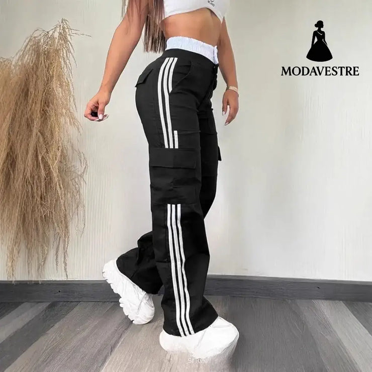 Partial Contrast Color Double Waist Leisure Sports Ribbon Wide-leg Overalls Black / L Trousers
