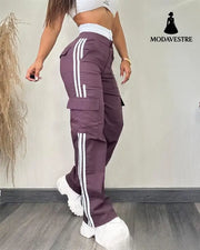 Partial Contrast Color Double Waist Leisure Sports Ribbon Wide-leg Overalls Dark Purple / L Trousers