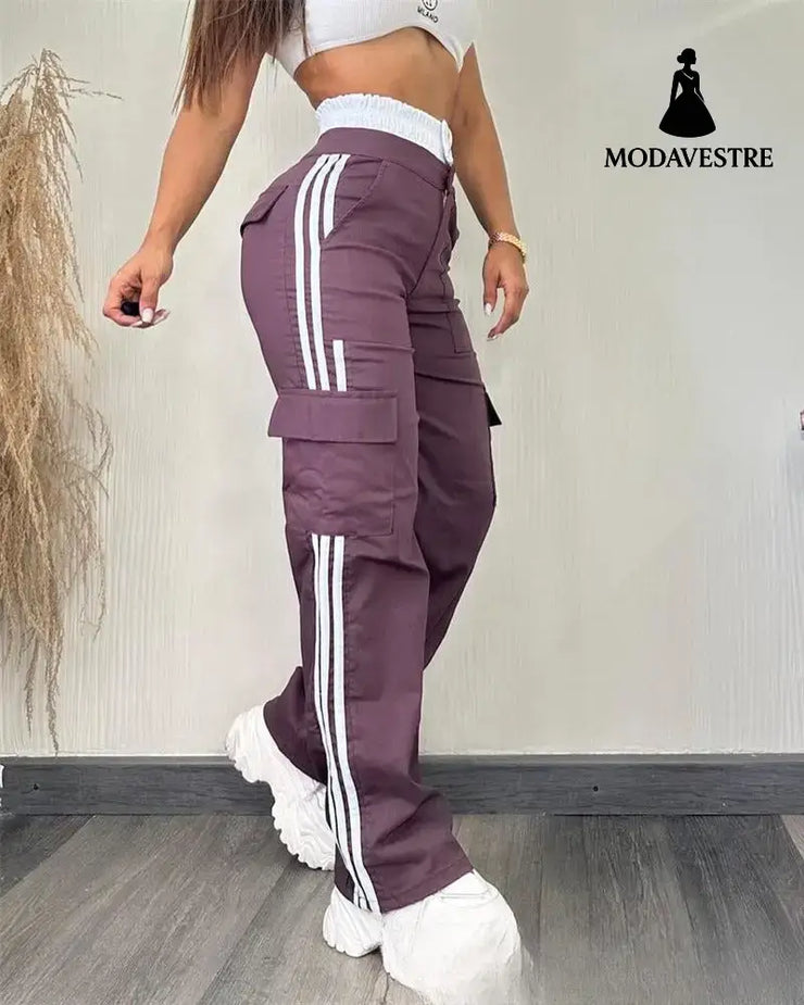 Partial Contrast Color Double Waist Leisure Sports Ribbon Wide-leg Overalls Dark Purple / L Trousers