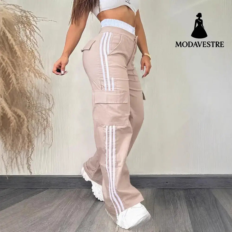 Partial Contrast Color Double Waist Leisure Sports Ribbon Wide-leg Overalls Khaki / L Trousers