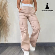 Partial Contrast Color Double Waist Leisure Sports Ribbon Wide-leg Overalls Trousers