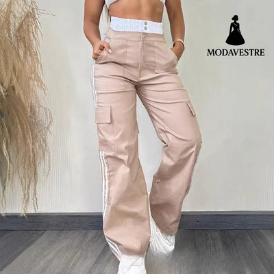Partial Contrast Color Double Waist Leisure Sports Ribbon Wide-leg Overalls Trousers