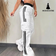 Partial Contrast Color Double Waist Leisure Sports Ribbon Wide-leg Overalls White / L Trousers