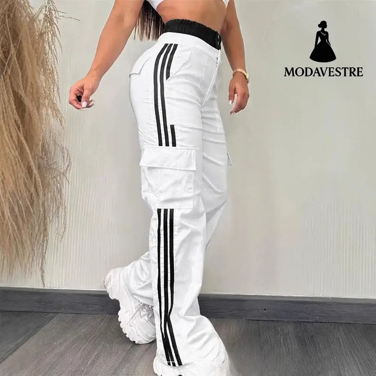 Partial Contrast Color Double Waist Leisure Sports Ribbon Wide-leg Overalls White / L Trousers
