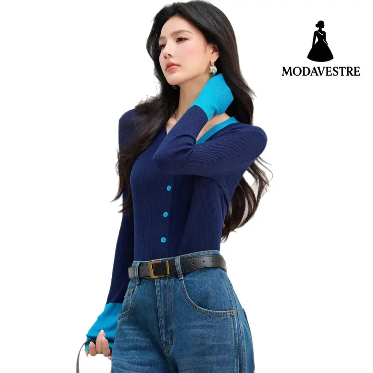 Patchwork V-neck Knit Cardigan for Women Early Autumn Blue Faux Two-piece TopOuterwear