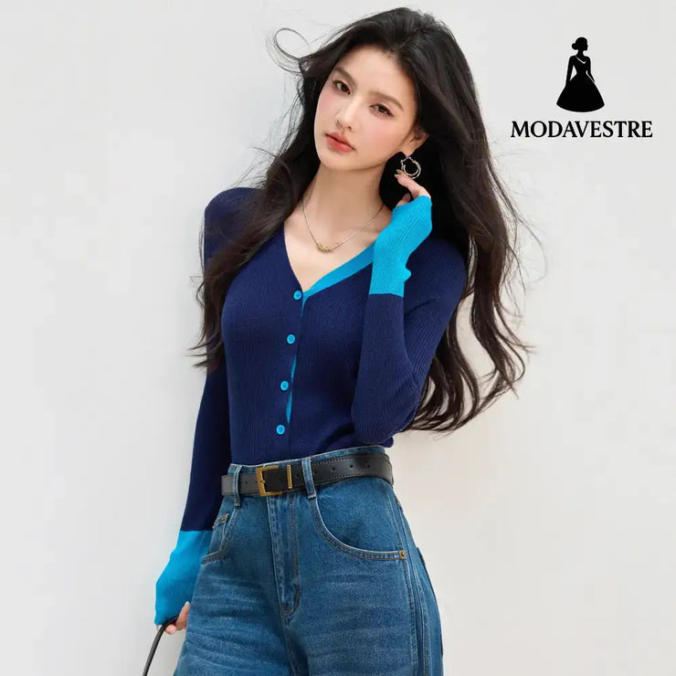 Patchwork V-neck Knit Cardigan for Women Early Autumn Blue Faux Two-piece TopOuterwear