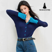 Patchwork V-neck Knit Cardigan for Women Early Autumn Blue Faux Two-piece TopOuterwear